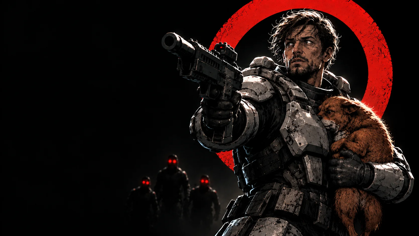 A comic-book-style illustration set against a black background. On the right stands a soldier in heavy, gray armor; his face is exposed, revealing dark, disheveled hair, a few days' worth of stubble, and a weary yet alert gaze directed off to the side. With his right hand, he aims a short-barreled rifle toward the left side of the frame, while his left arm holds a ginger-colored dog against his chest—the dog has its muzzle tucked away beneath his arm. Behind his head glows a large red ring, reminiscent of both a halo and a target. In the bottom-left corner, shrouded in darkness, stand three indistinct humanoid figures with glowing red eyes.